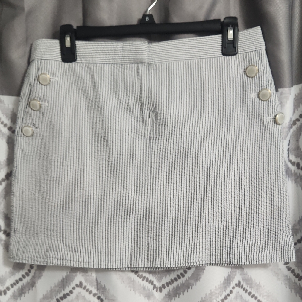 J. Crew Navy And White Striped Seersucker Button-Accent Mini Skirt